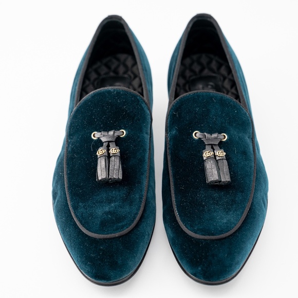 size 9G - Gucci Velvet Loafers Tassel GG Blue Green Moccasins main image 8